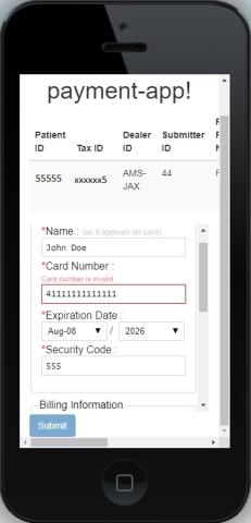The payment form uses real-time JavaScript validation to block users from accidentally submitting incorrect or invalid information